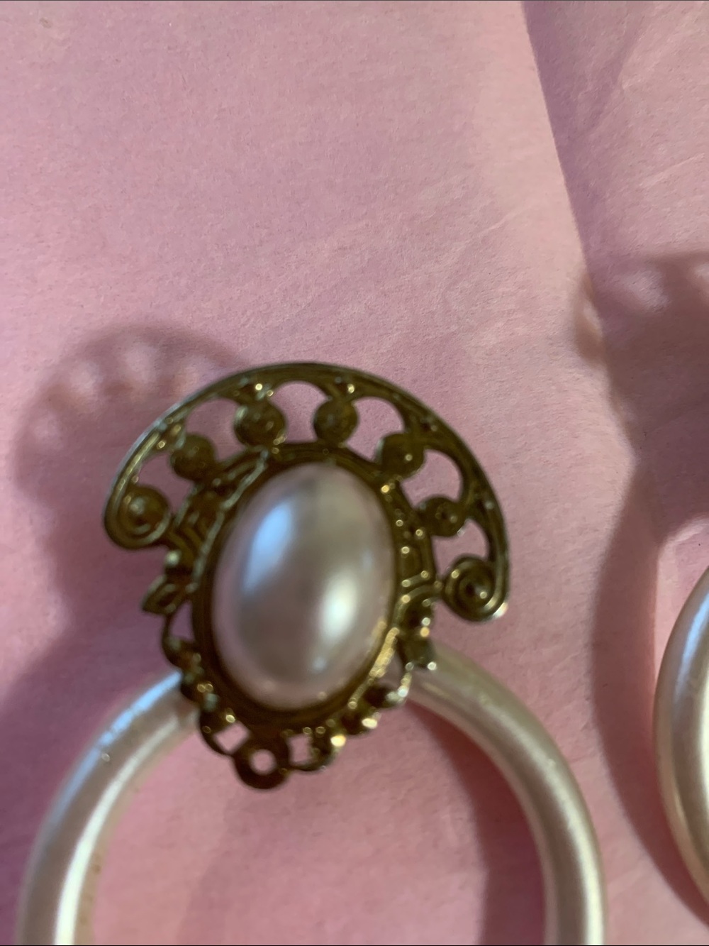 Gold-Tone Faux Pearl Cabochon Hoop Drop Earrings in Cream and Gold - Picture 3 of 6